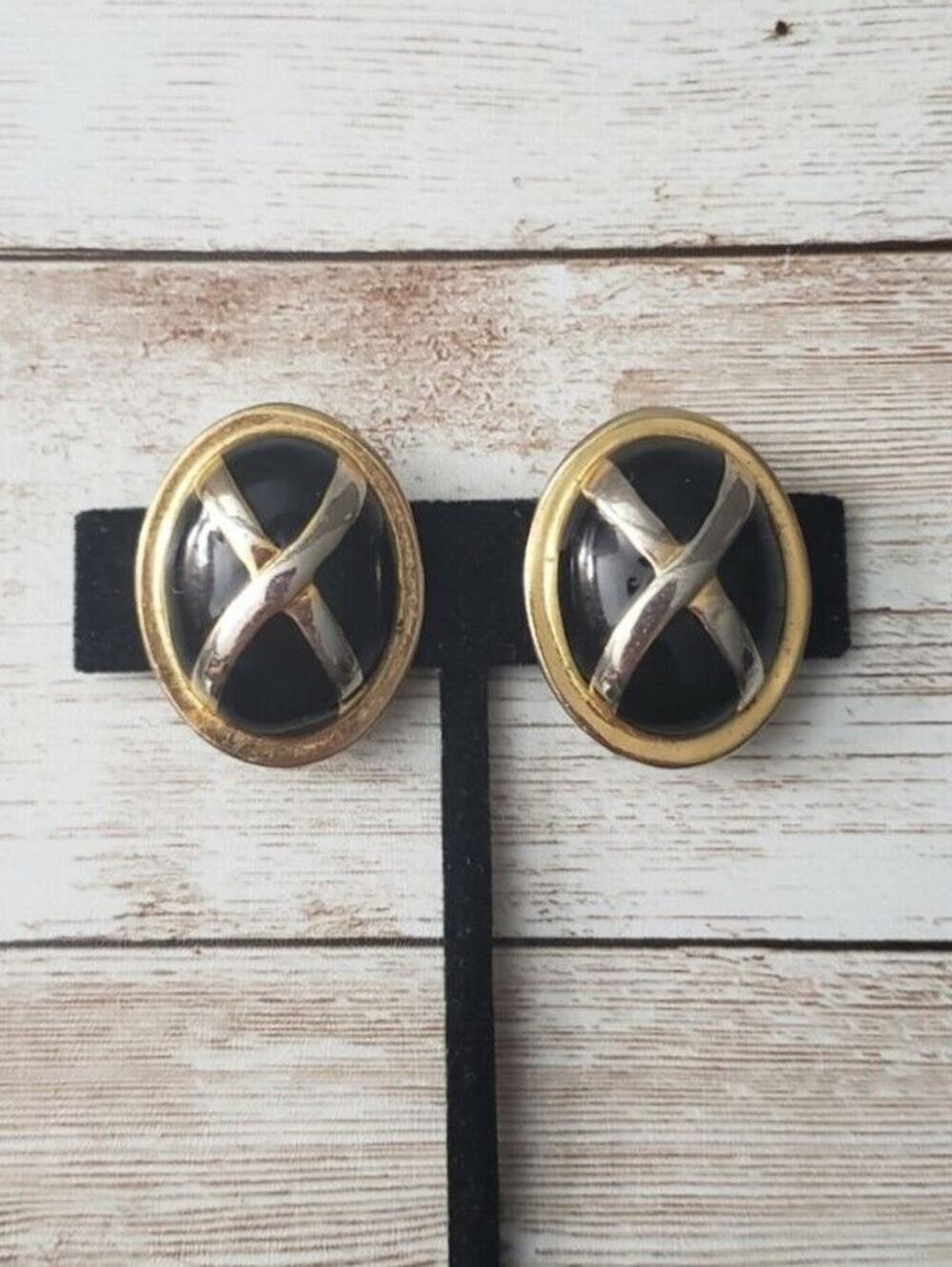 Vintage Clip On Earrings Premier Black & Gold Tone Oval